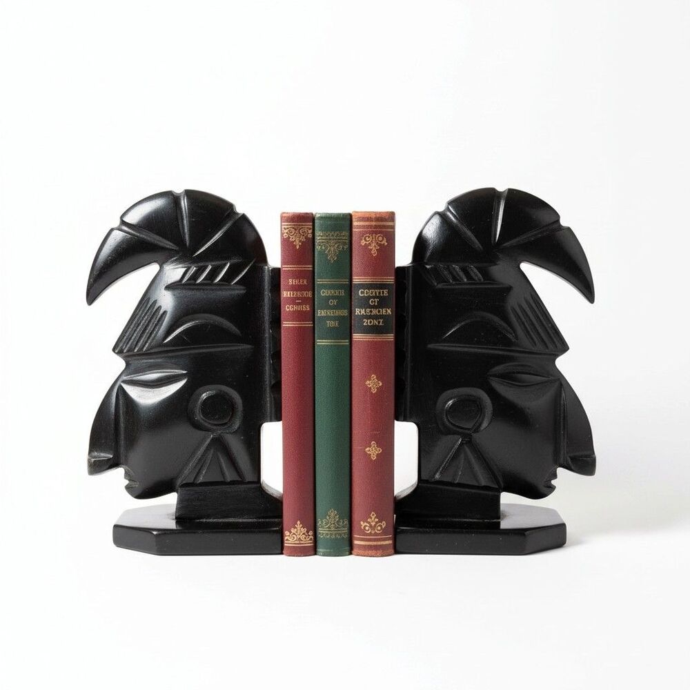 Vtg Hand Carved Aztec Mayan Warrior Emperor Black Obsidian Stone Statue Bookends